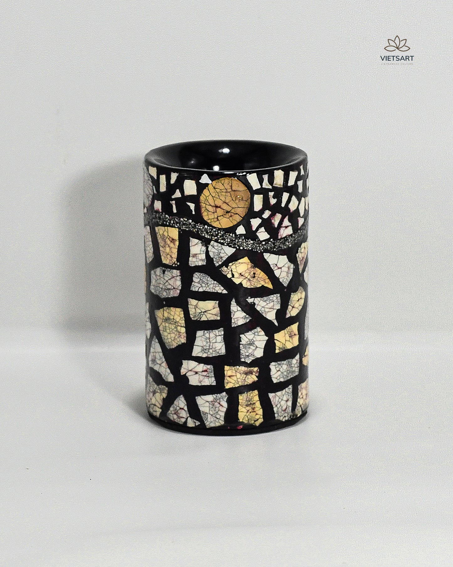 Lacquered wooden eggshell mosaic pen holder